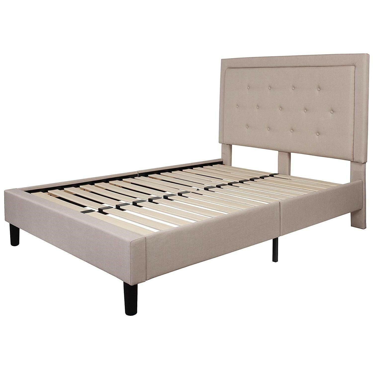 Full Beige Fabric Upholstered Platform Bed Frame with Tufted Headboard - FurniFindUSA