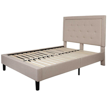 Full Beige Fabric Upholstered Platform Bed Frame with Tufted Headboard - FurniFindUSA