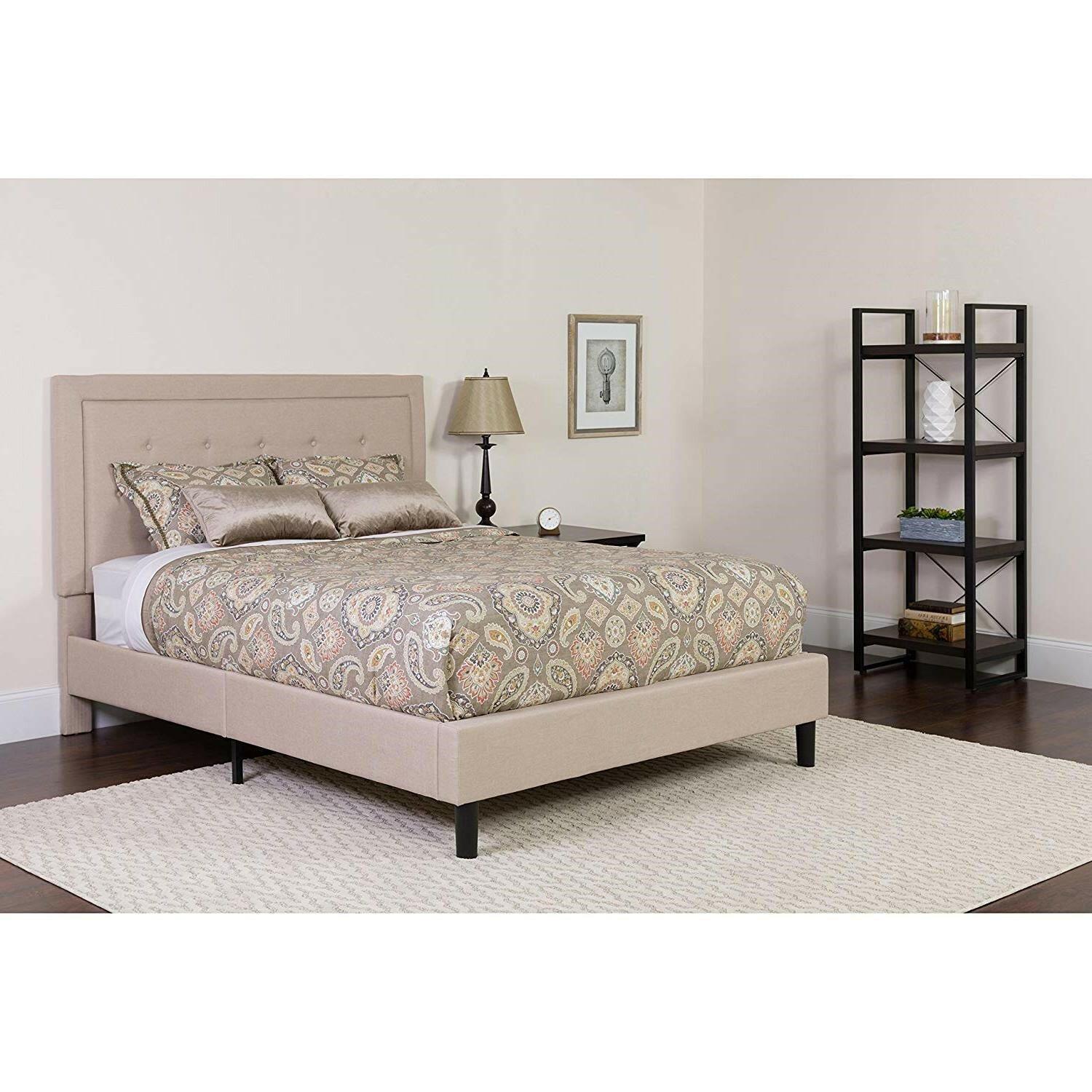 Full Beige Fabric Upholstered Platform Bed Frame with Tufted Headboard - FurniFindUSA