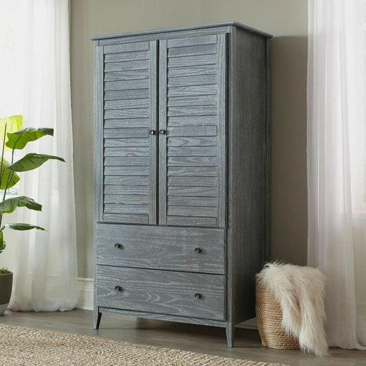 FarmHome Louvered Distressed Grey Solid Pine Armoire - FurniFindUSA