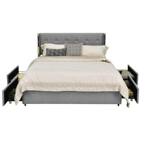 Queen Size Grey/Gold Linen Headboard 4 Drawer Storage Platform Bed - FurniFindUSA