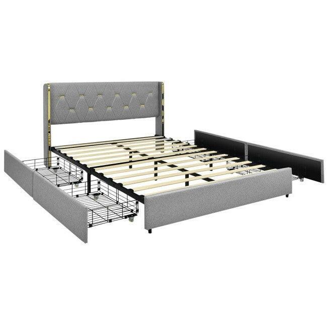 Queen Size Grey/Gold Linen Headboard 4 Drawer Storage Platform Bed - FurniFindUSA