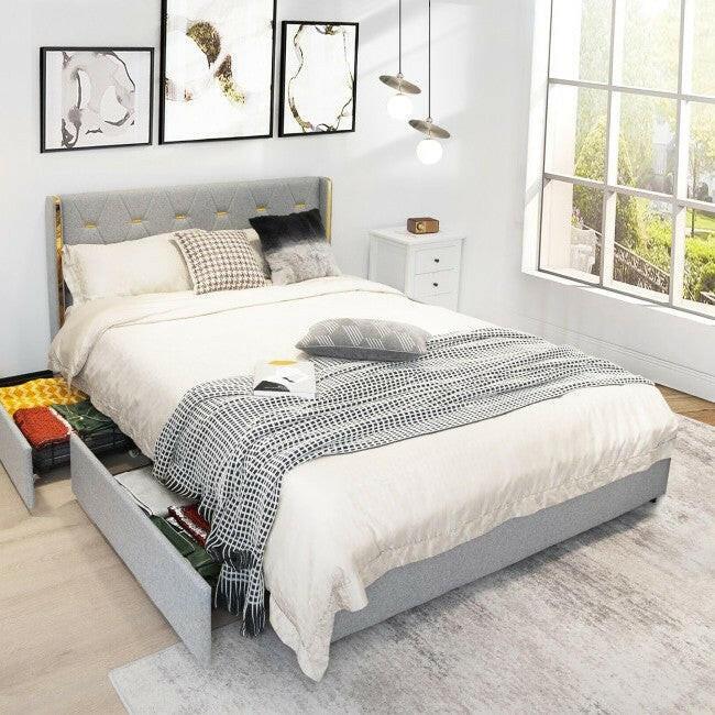 Queen Size Grey/Gold Linen Headboard 4 Drawer Storage Platform Bed - FurniFindUSA