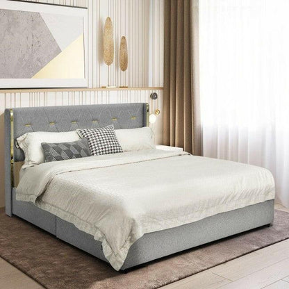 Queen Size Grey/Gold Linen Headboard 4 Drawer Storage Platform Bed - FurniFindUSA