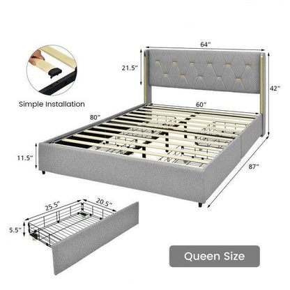 Queen Size Grey/Gold Linen Headboard 4 Drawer Storage Platform Bed - FurniFindUSA