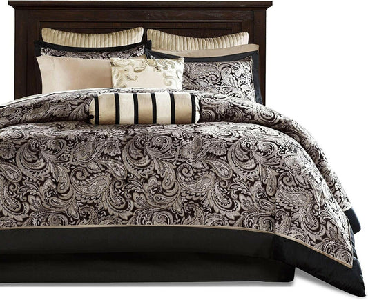 Queen 12 Piece Cotton Polyester Comforter Set Black Gold Paisley - FurniFindUSA