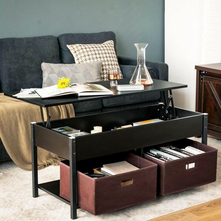 FarmHouse Black Lift-Top Multi Purpose Coffee Table with 2 Storage Drawers Bins - FurniFindUSA