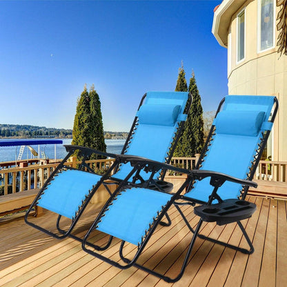 Set of 2 Blue Folding Outdoor Zero Gravity Lounge Chair Recliner - FurniFindUSA
