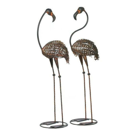 Set of 2 Metal Outdoor Wild Flamingo Garden Statue Set - FurniFindUSA