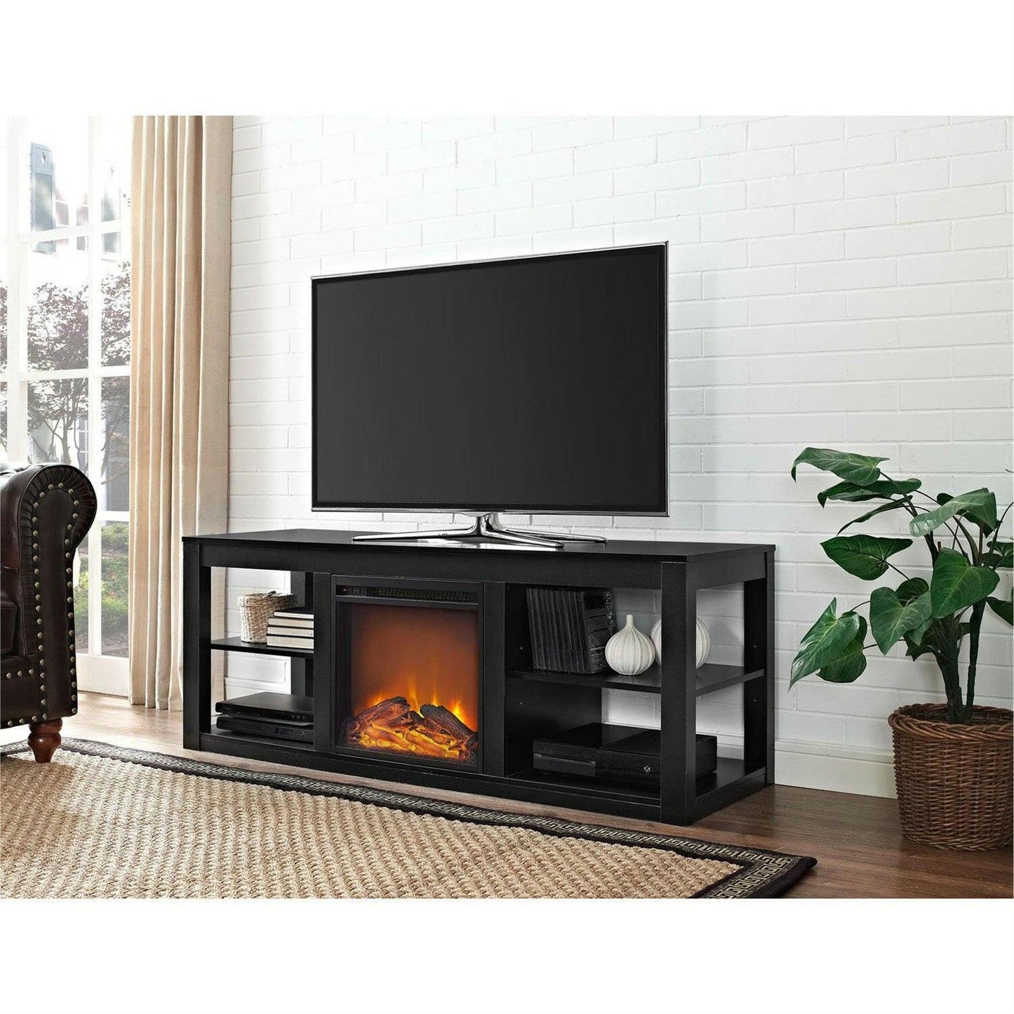 Modern 2-in-1 Electric Fireplace TV Stand in Black - FurniFindUSA