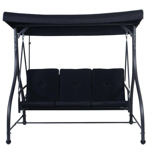 Black Adjustable 3 Seat Cushioned Porch Patio Canopy Swing Chair - FurniFindUSA