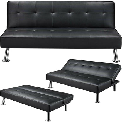 Black Faux Leather Click Clack Adjustable Futon Sleeper Sofa - FurniFindUSA