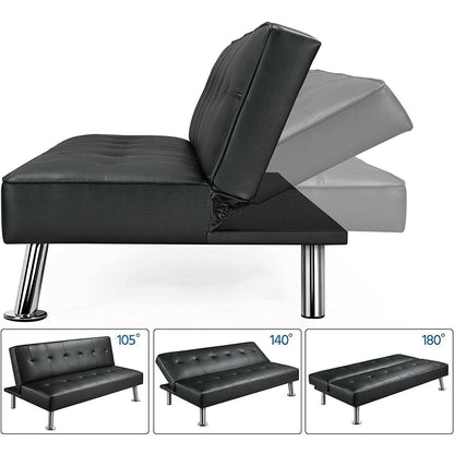 Black Faux Leather Click Clack Adjustable Futon Sleeper Sofa - FurniFindUSA
