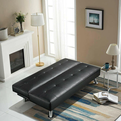 Black Faux Leather Click Clack Adjustable Futon Sleeper Sofa - FurniFindUSA