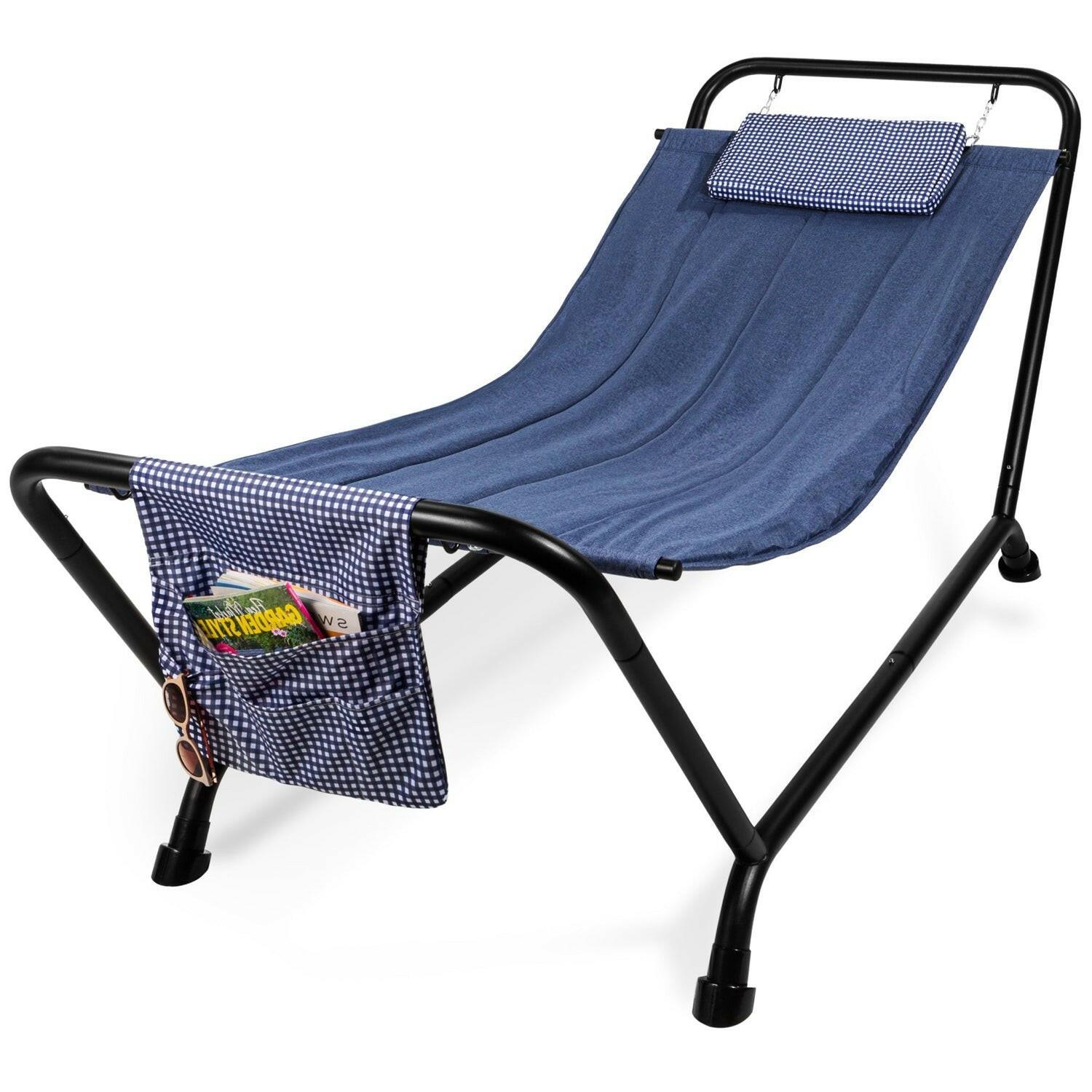 Blue Waterproof Patio Hammock w/ Stand Pillow Storage Pockets - FurniFindUSA