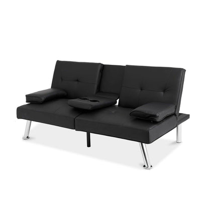 Black Faux Leather Convertible Sofa Futon with 2 Cup Holders - FurniFindUSA