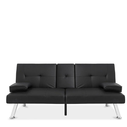 Black Faux Leather Convertible Sofa Futon with 2 Cup Holders - FurniFindUSA