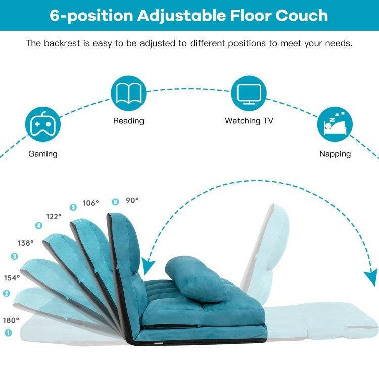Foldable 5-Tilt Floor Sofa Bed with Detachable with Cloth Cover in Teal Blue - FurniFindUSA