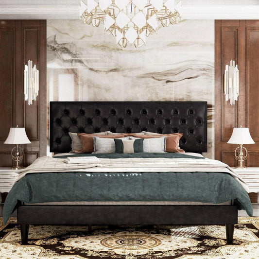 Full Black Faux Leather Upholstered Platform Bed with Button-Tufted Headboard - FurniFindUSA