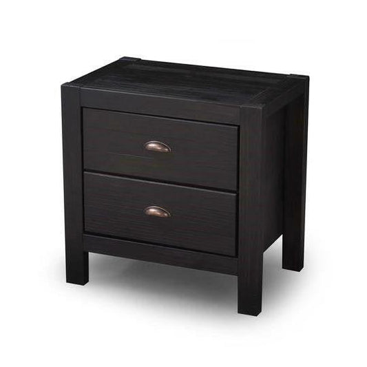 Farmhouse Style Solid Pine Wood 2-Drawer Nightstand Bedside Table in Black - FurniFindUSA