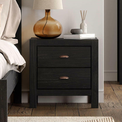 Farmhouse Style Solid Pine Wood 2-Drawer Nightstand Bedside Table in Black - FurniFindUSA