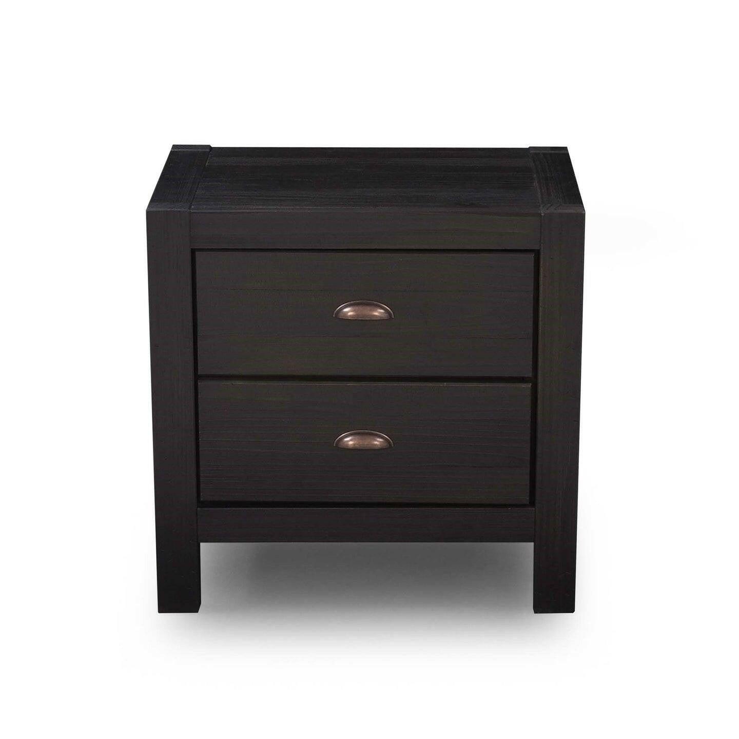 Farmhouse Style Solid Pine Wood 2-Drawer Nightstand Bedside Table in Black - FurniFindUSA