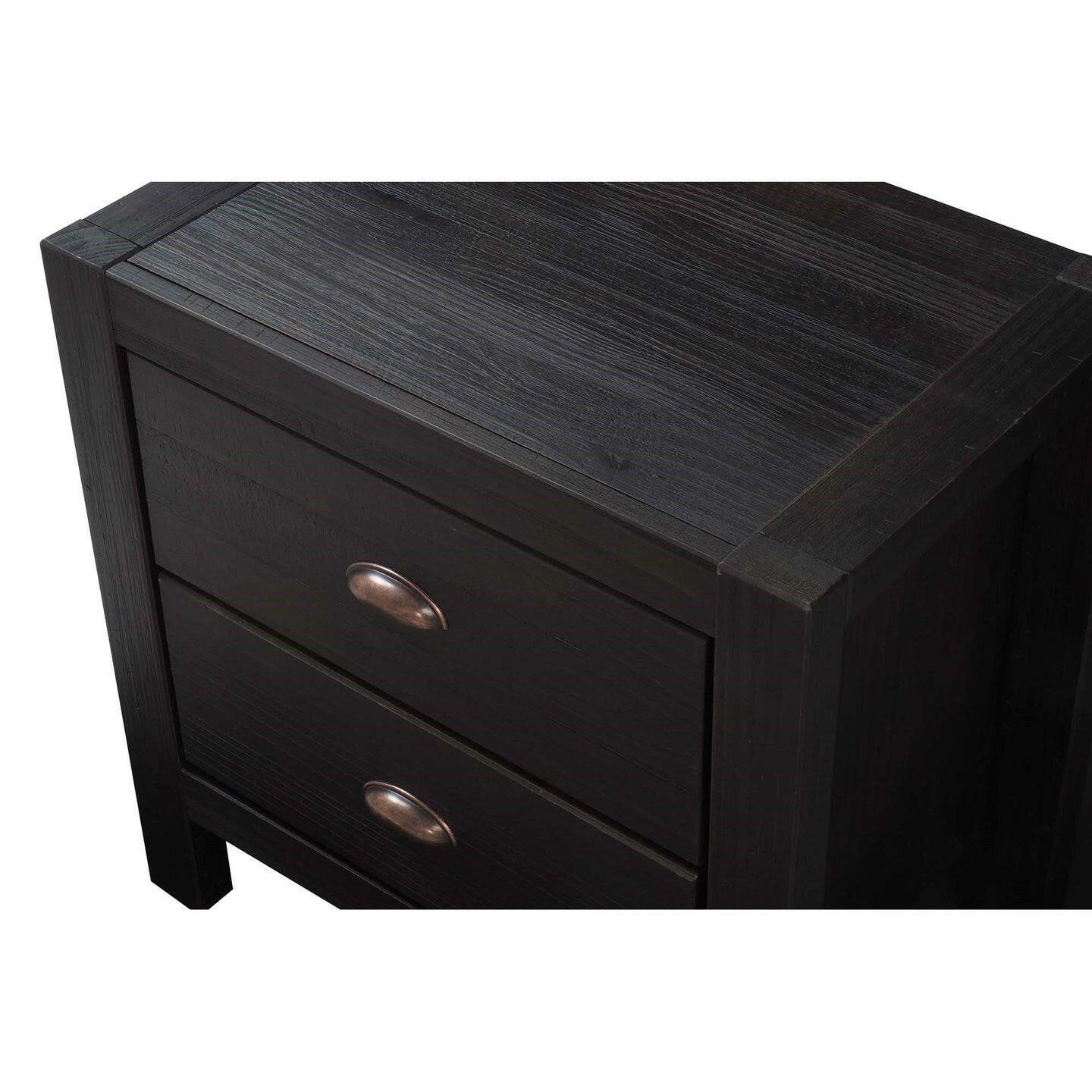 Farmhouse Style Solid Pine Wood 2-Drawer Nightstand Bedside Table in Black - FurniFindUSA