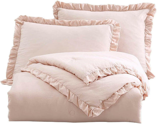 Full Size Pink Stone Washed Ruffled Edge Microfiber Comforter Set - FurniFindUSA