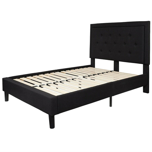 Full size Black Fabric Upholstered Platform Bed Frame with Headboard - FurniFindUSA