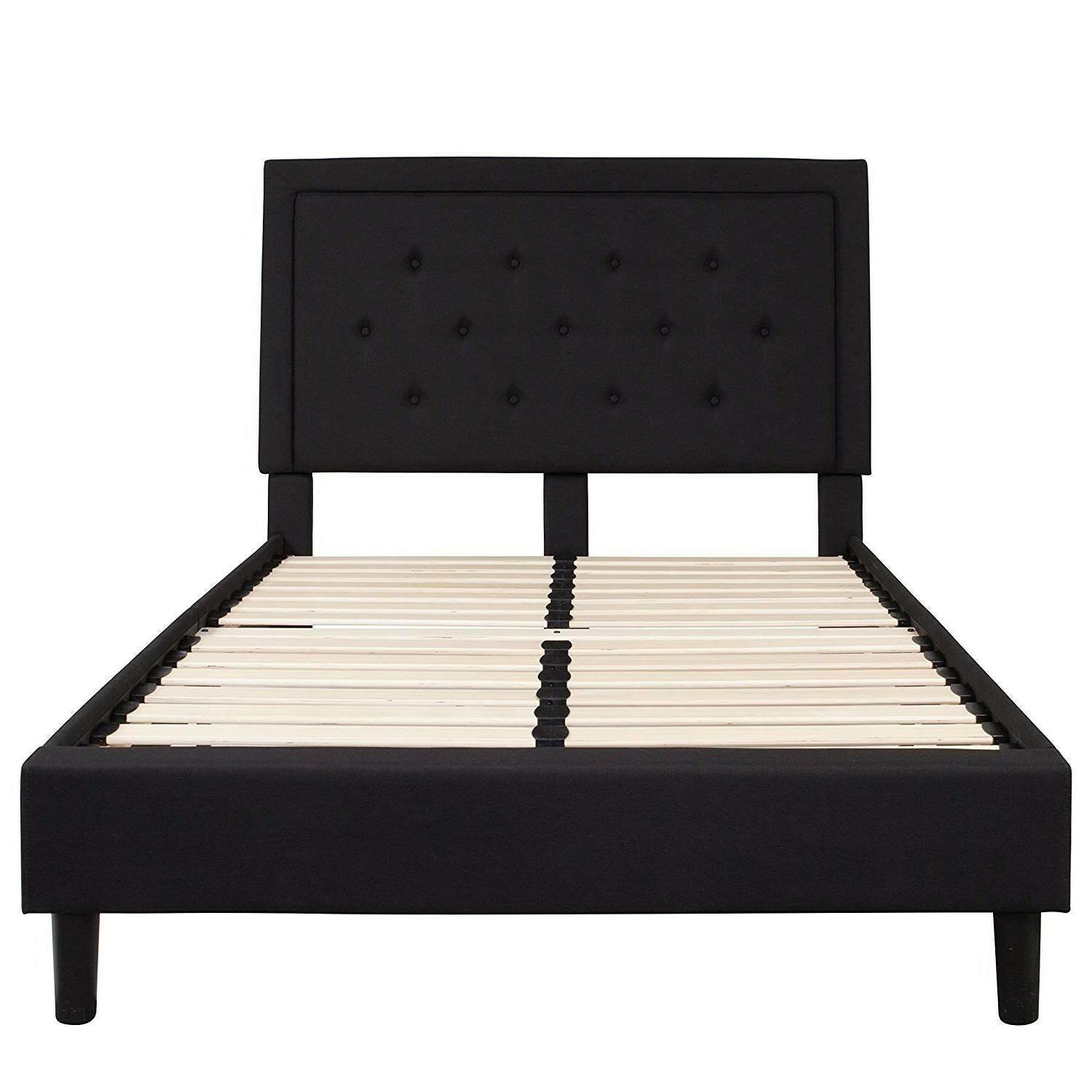Full size Black Fabric Upholstered Platform Bed Frame with Headboard - FurniFindUSA