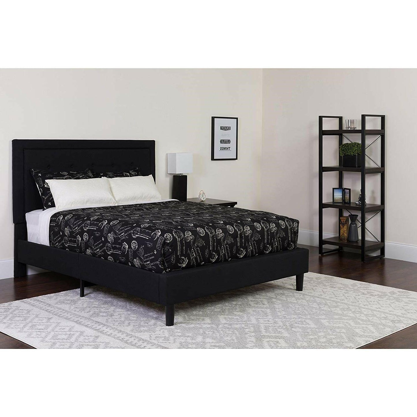 Full size Black Fabric Upholstered Platform Bed Frame with Headboard - FurniFindUSA