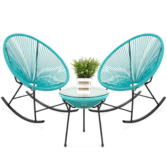 3 Piece Teal Oval Patio Woven Rocking Chair Bistro Set - FurniFindUSA