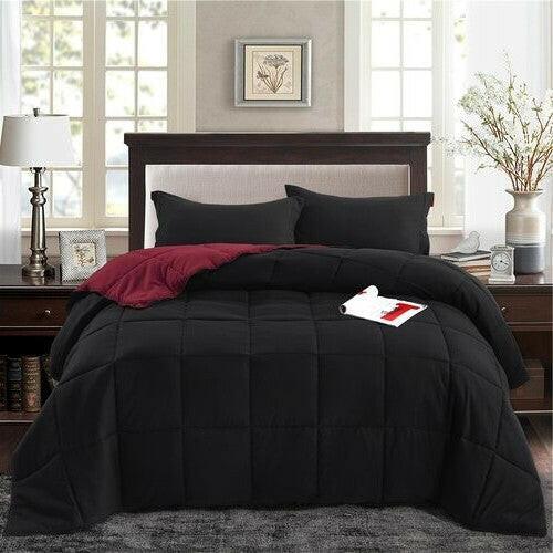 King/Cal King Traditional Microfiber Reversible 3 Piece Comforter Set in Black/Maroon - FurniFindUSA