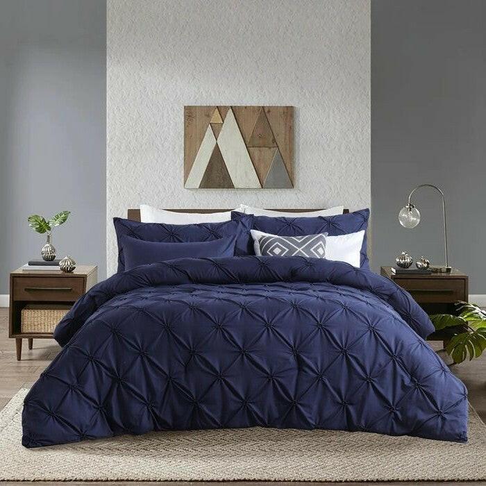 King Size All Season Pleated Hypoallergenic Microfiber Reversible 3 Piece Comforter Set in Navy - FurniFindUSA