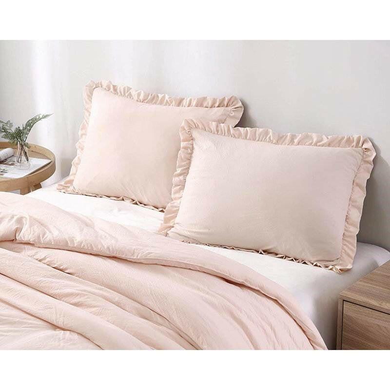 King Oversized Pink Ruffled Edge Microfiber Comforter Set - FurniFindUSA