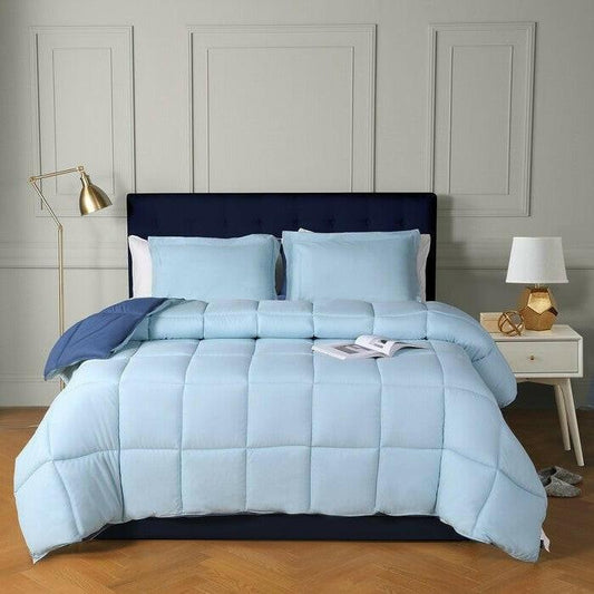 Full/Queen Traditional Microfiber Reversible 3 Piece Comforter Set in Blue/Navy - FurniFindUSA