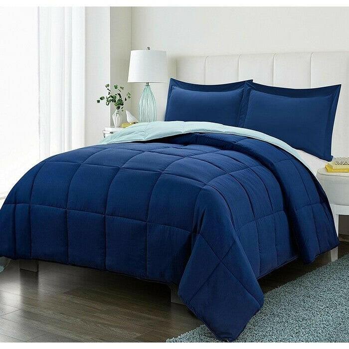 Full/Queen Traditional Microfiber Reversible 3 Piece Comforter Set in Blue/Navy - FurniFindUSA