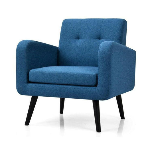 Mid-Century Modern Blue Linen Upholstered Accent Chair with Wooden Legs - FurniFindUSA