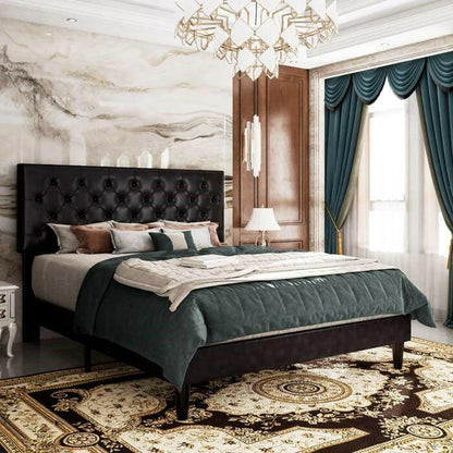 Queen Black Faux Leather Upholstered Platform Bed with Button-Tufted Headboard - FurniFindUSA