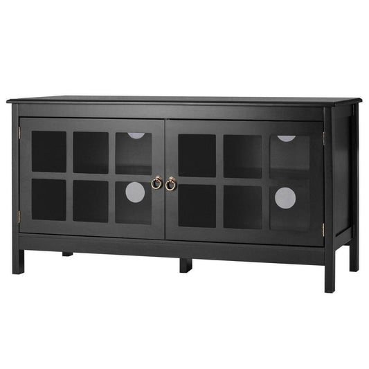 Black Wood Entertainment Center TV Stand with Glass Panel Doors - FurniFindUSA