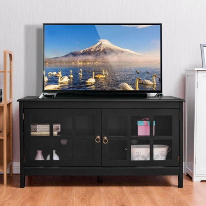 Black Wood Entertainment Center TV Stand with Glass Panel Doors - FurniFindUSA