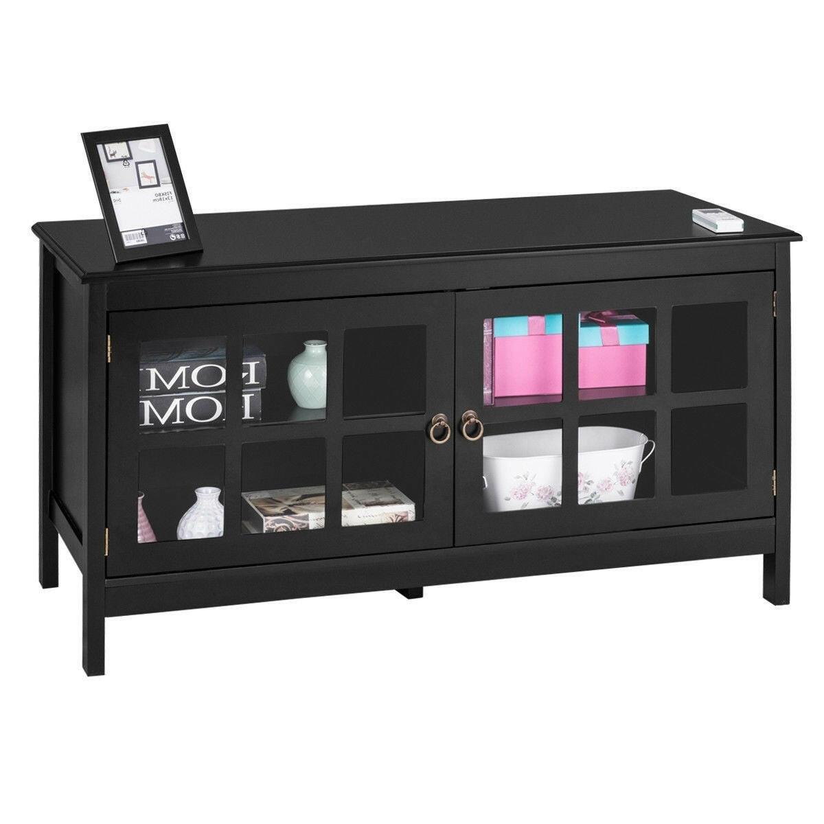 Black Wood Entertainment Center TV Stand with Glass Panel Doors - FurniFindUSA