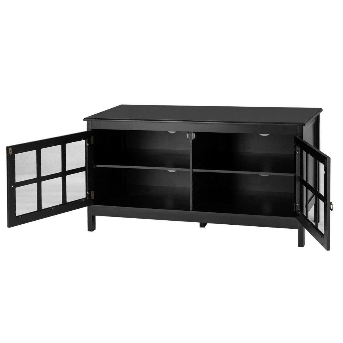 Black Wood Entertainment Center TV Stand with Glass Panel Doors - FurniFindUSA