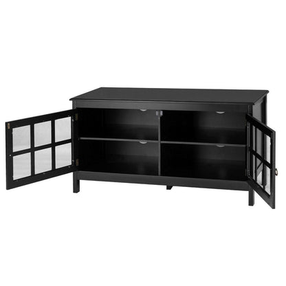 Black Wood Entertainment Center TV Stand with Glass Panel Doors - FurniFindUSA