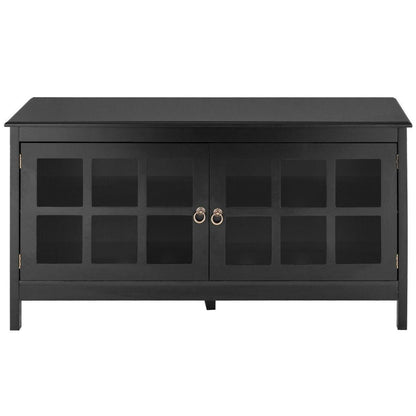 Black Wood Entertainment Center TV Stand with Glass Panel Doors - FurniFindUSA