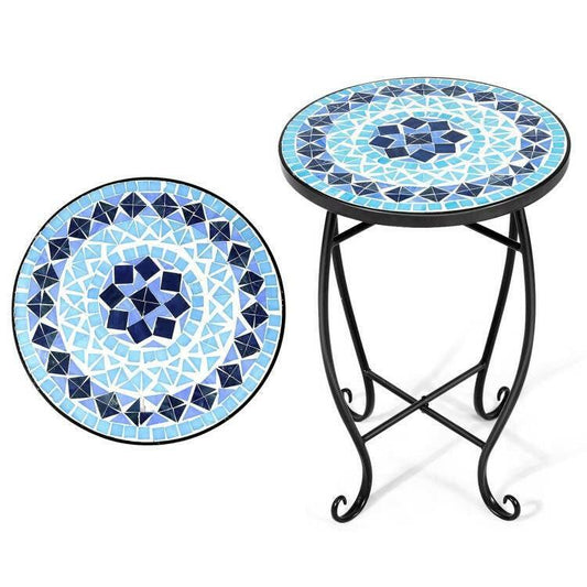 Indoor/Outdoor Blue Mosaic Round Side Accent Table Plant Stand - FurniFindUSA