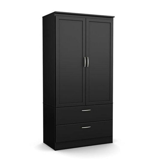 Modern Two Door Wardrobe Armoire with Two Drawers and Hanging Rod Storage, Black - FurniFindUSA