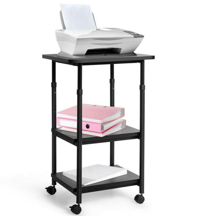 Black Multifunction Adjustable Height 3-tier Printer Stand on Wheels - FurniFindUSA