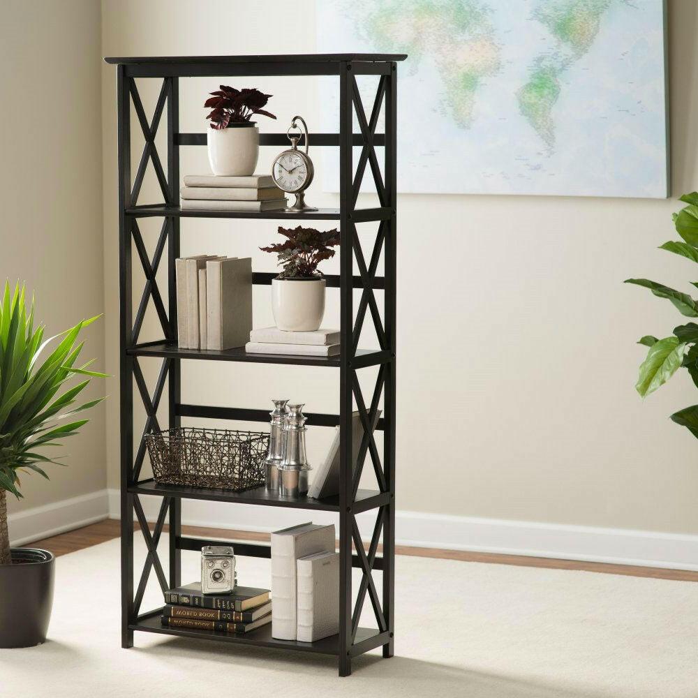 Tall 5-Tier Bookcase in Black Wood Finish - FurniFindUSA