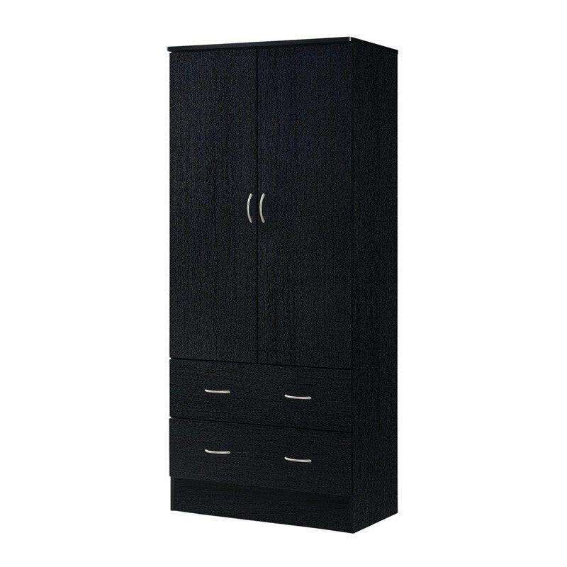 Black 2 Door Wardrobe Armoire with 2 Drawers and Hanging Rod Storage - FurniFindUSA